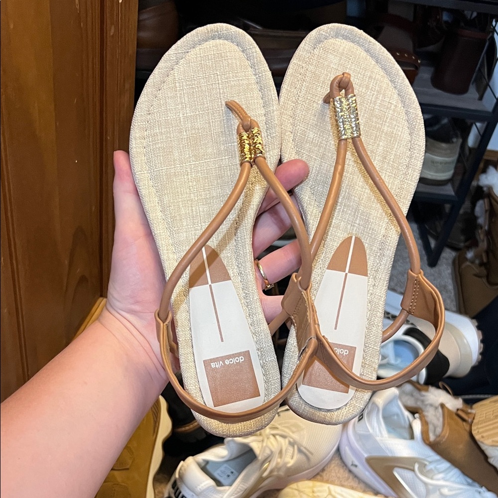 Dolce Vita Tan T-Strap Sandals with Gold Bead Accents